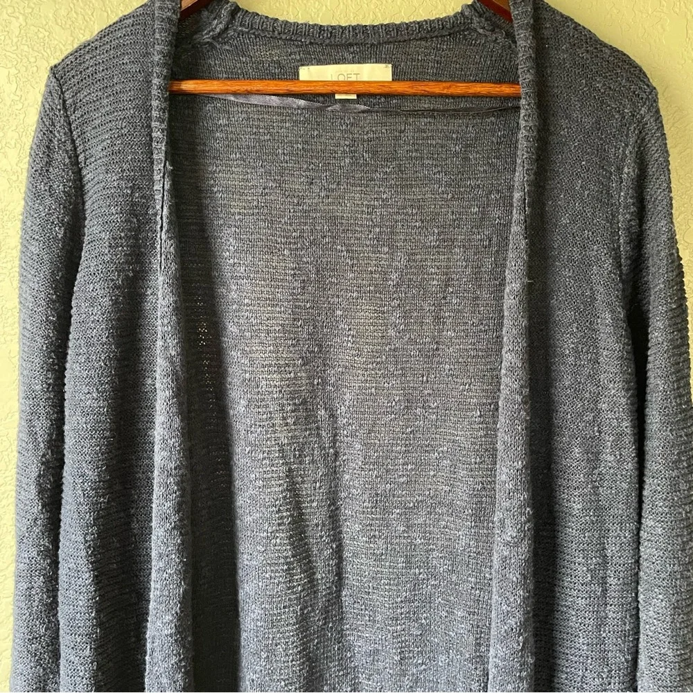 Loft Womens Medium Navy Blue Linen Cotton Open Front Knit Cardigan Boho Coastal